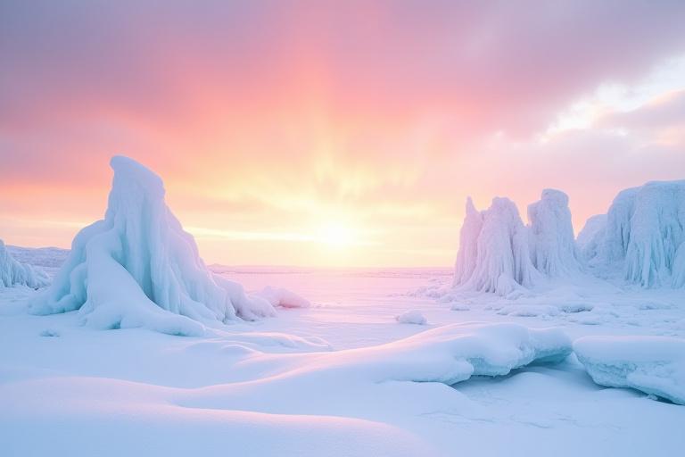 A wide-angle shot of the sun setting over a vast, icy arctic landscape.