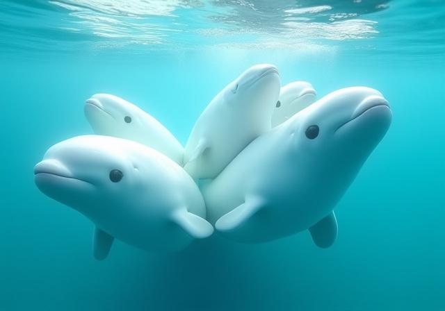 A pod of white beluga whales playfully swimming together near the water's surface.