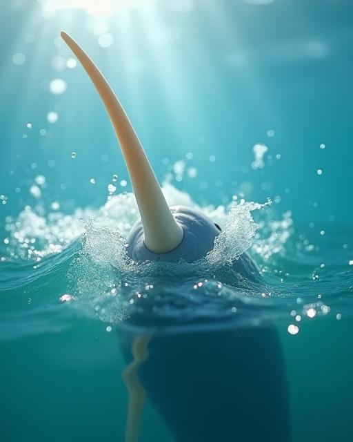 A close-up shot of a narwhal's iconic spiral tusk breaking the water's surface.